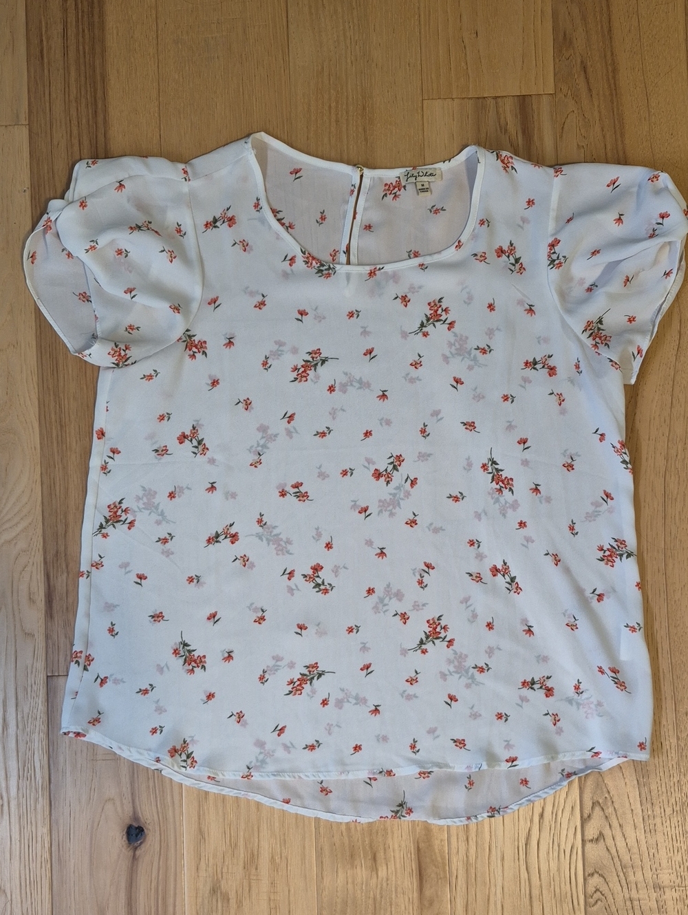 Lily White White Top with Pink Floral & Green Leaves Blouse